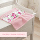 Pink floral towel on a white wooden surface with text 'Floral Charm for Face'.