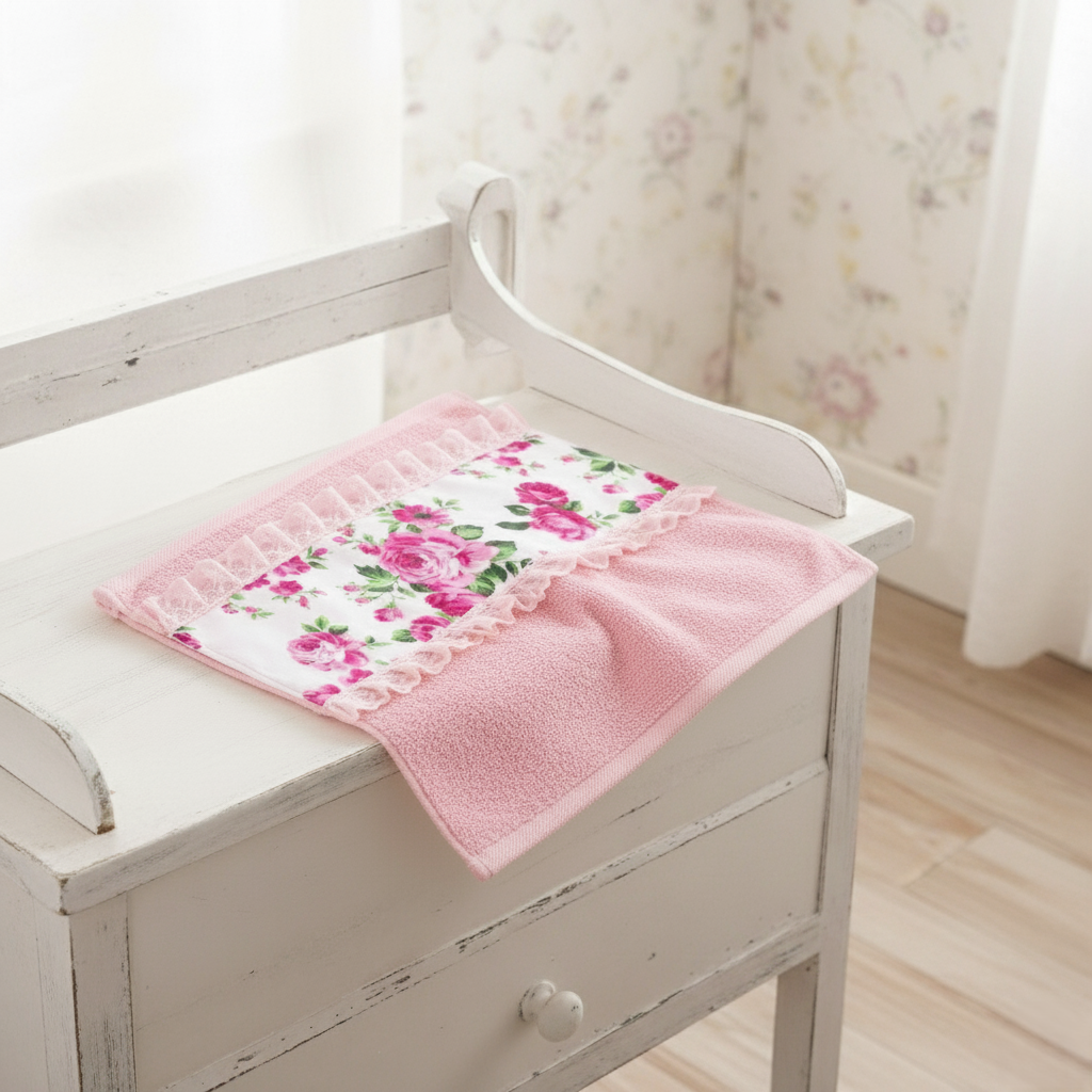 A pink face towel with a floral fleur print and lace detailing on dressing
