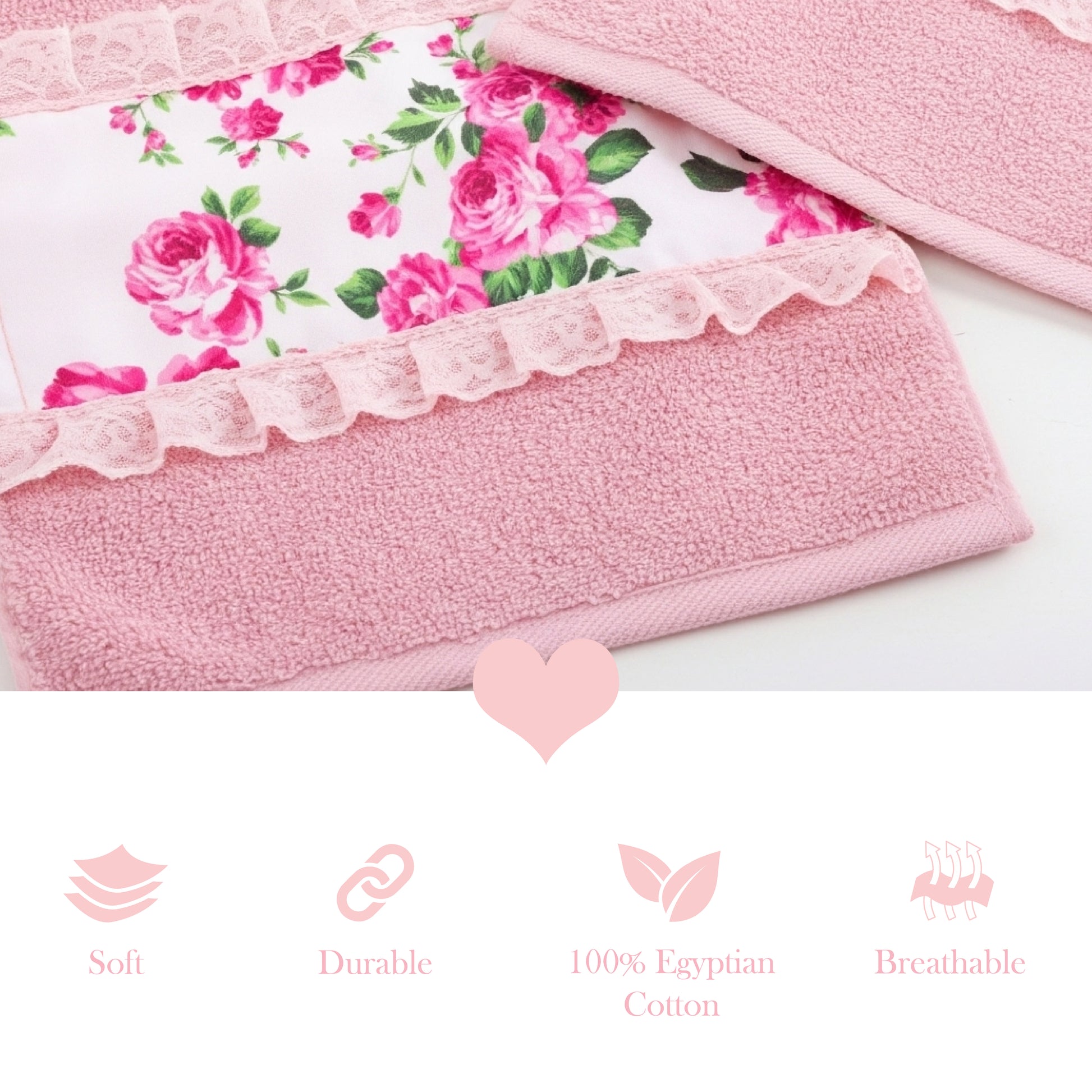 A pink face towel with a floral fleur print and lace detailing, with product details and logo
