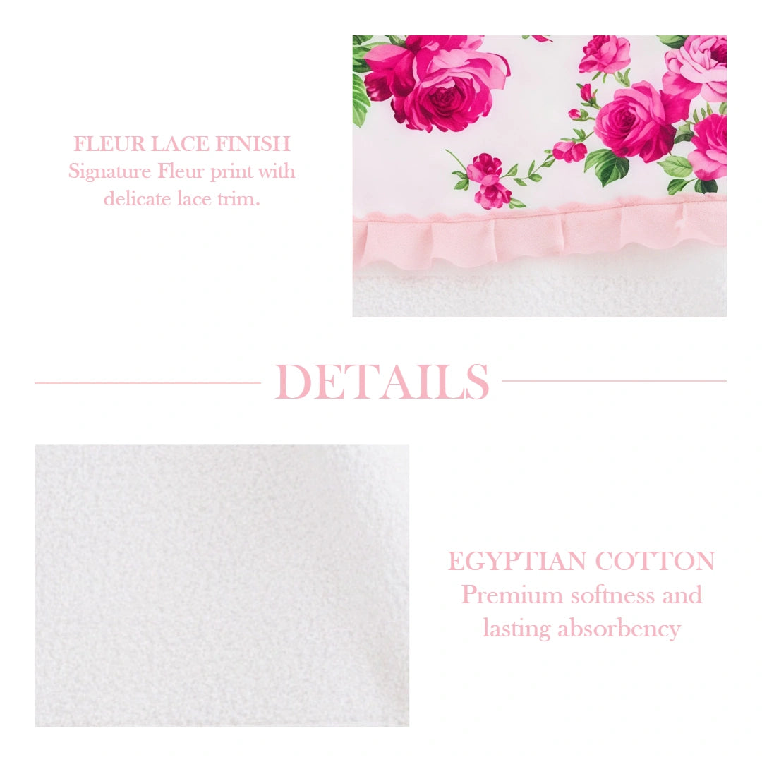 Fleur face towel featuring pink roses, lace trim, Egyptian cotton
