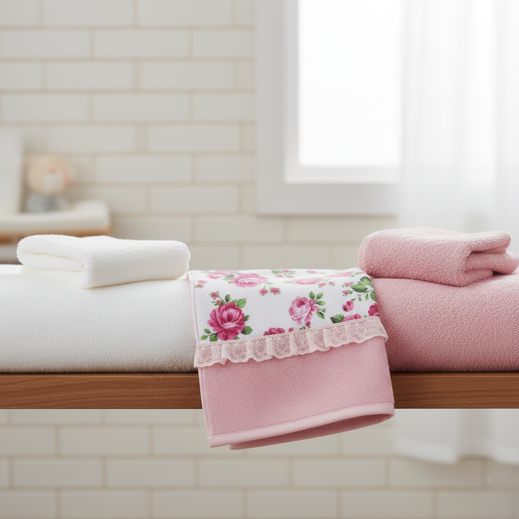Set of folded towels including a pink floral towel on a wooden surface.