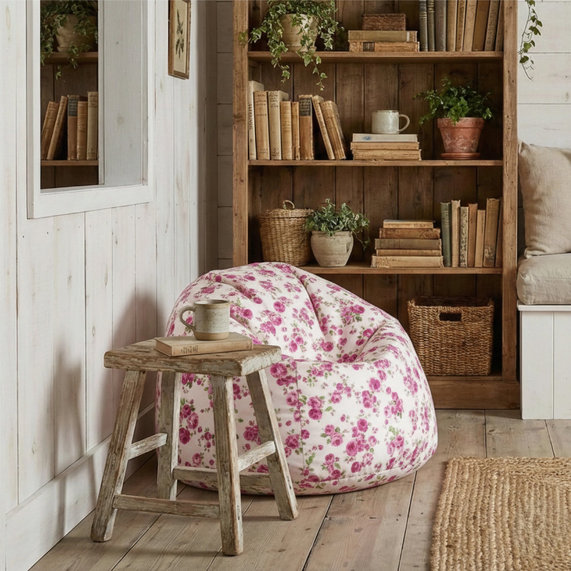 Floral bean bag chair in a cozy room with wooden shelves and decor.

