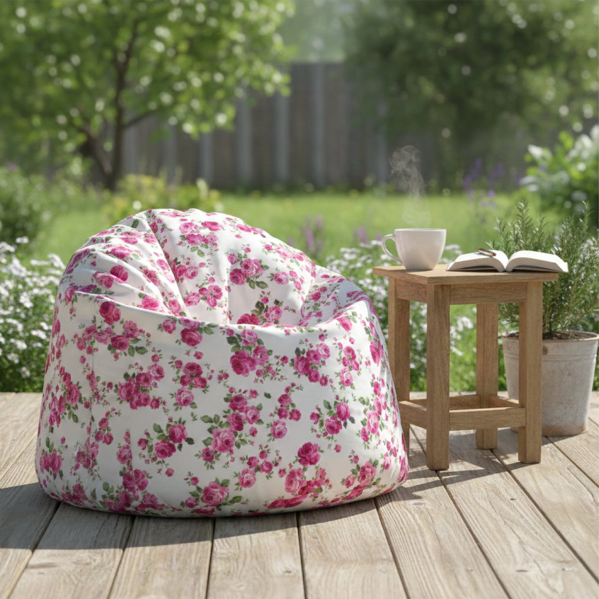Floral bean bag chair on a wooden deck with a small table and plants in the background.

