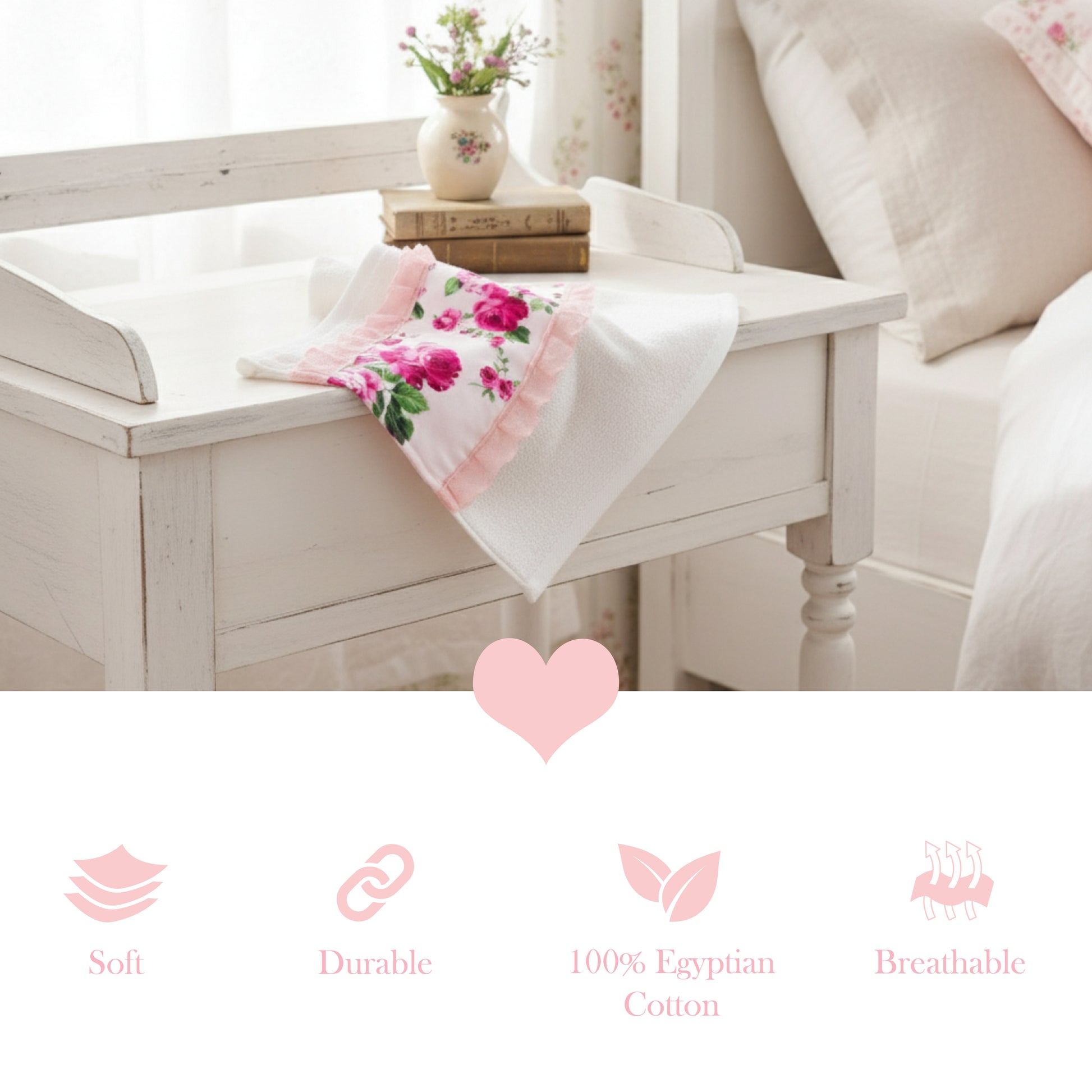 Floral blanket on a white bench with decorative elements in a cozy room.