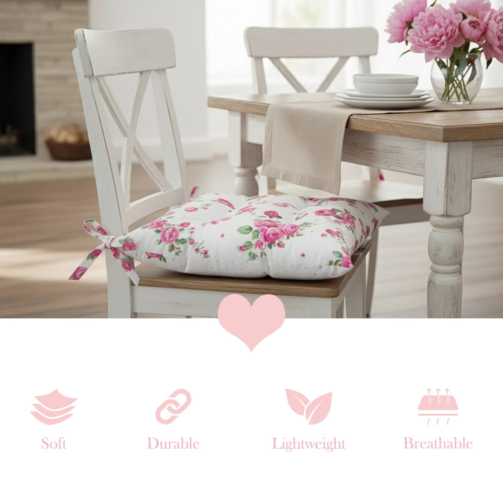 Floral cushion on a chair with a dining table and flowers in the background