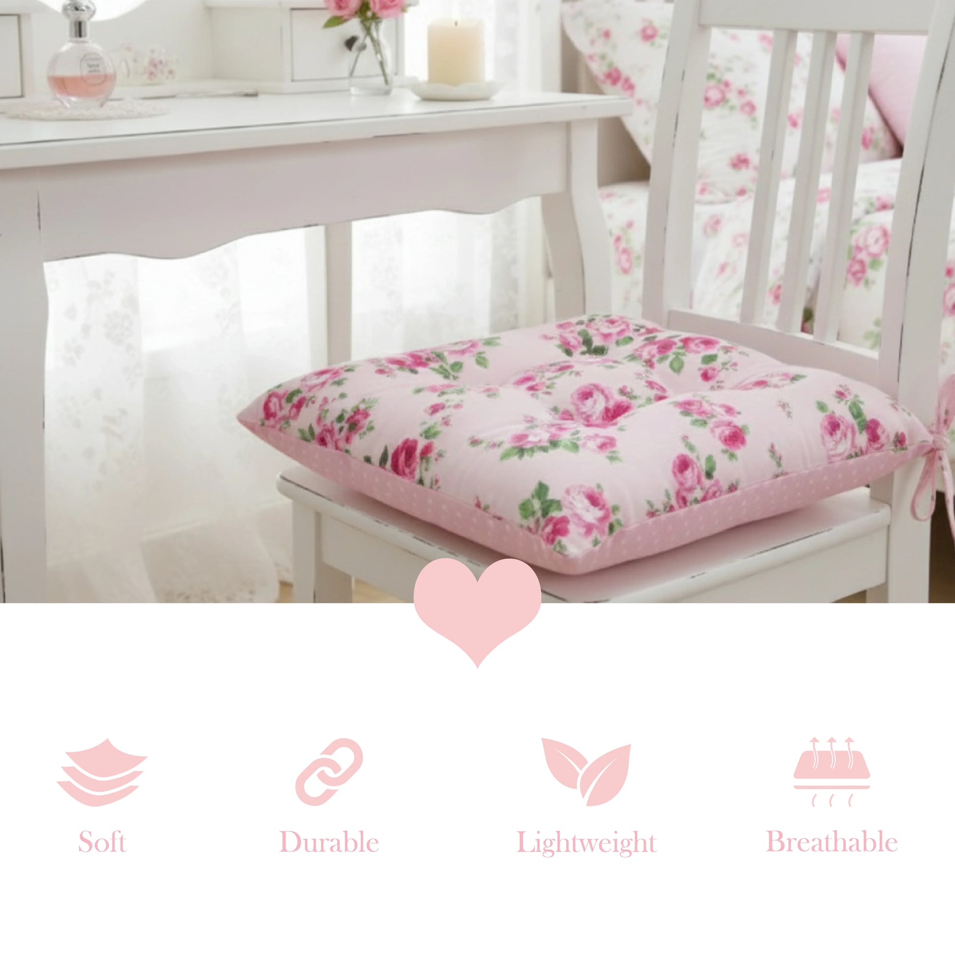 Floral cushion on a chair with softness, durability, lightness, and breathability icons below.