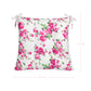 Floral-patterned cushion with pink roses on a white background, featuring dimensions.