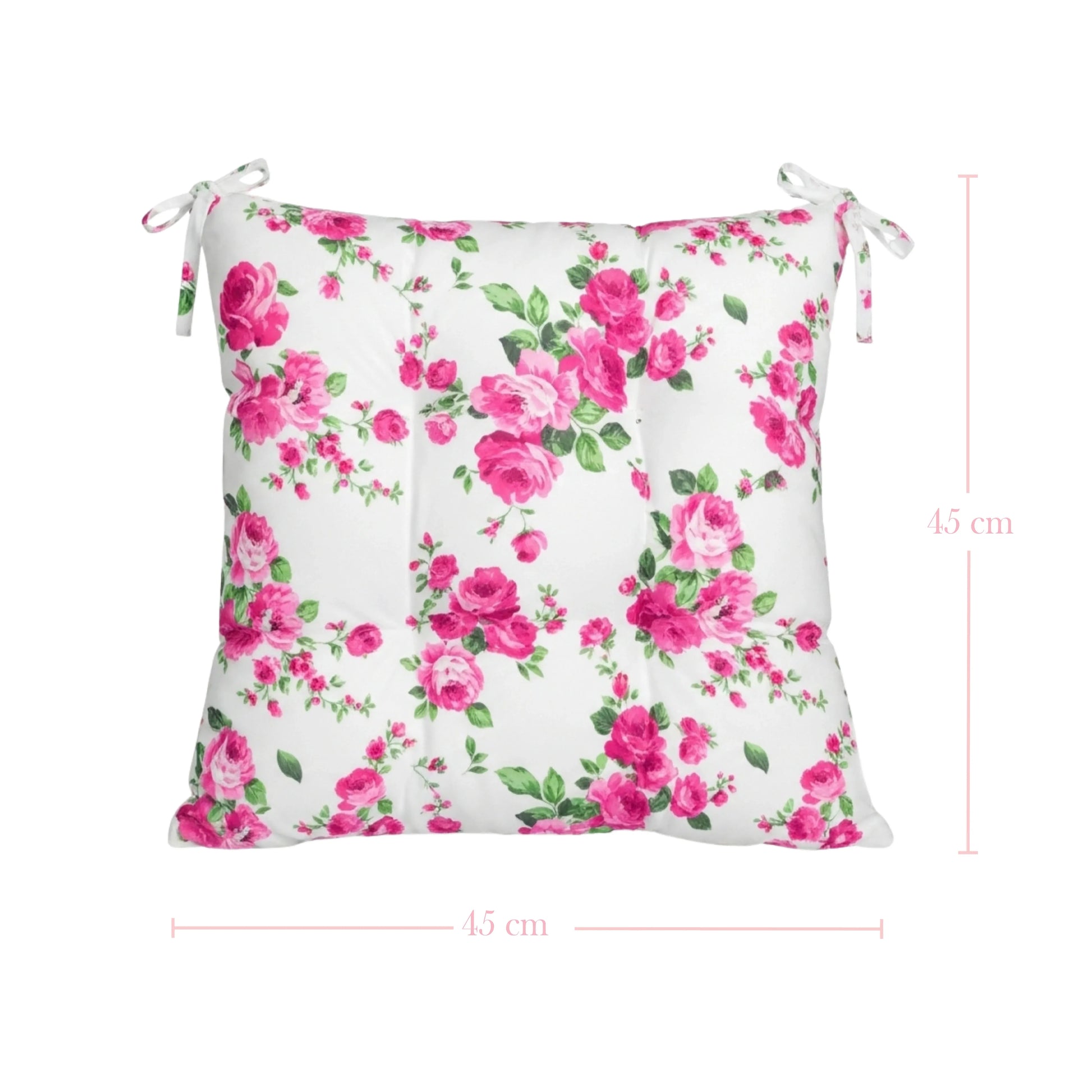 Floral-patterned cushion with pink roses on a white background, featuring dimensions.