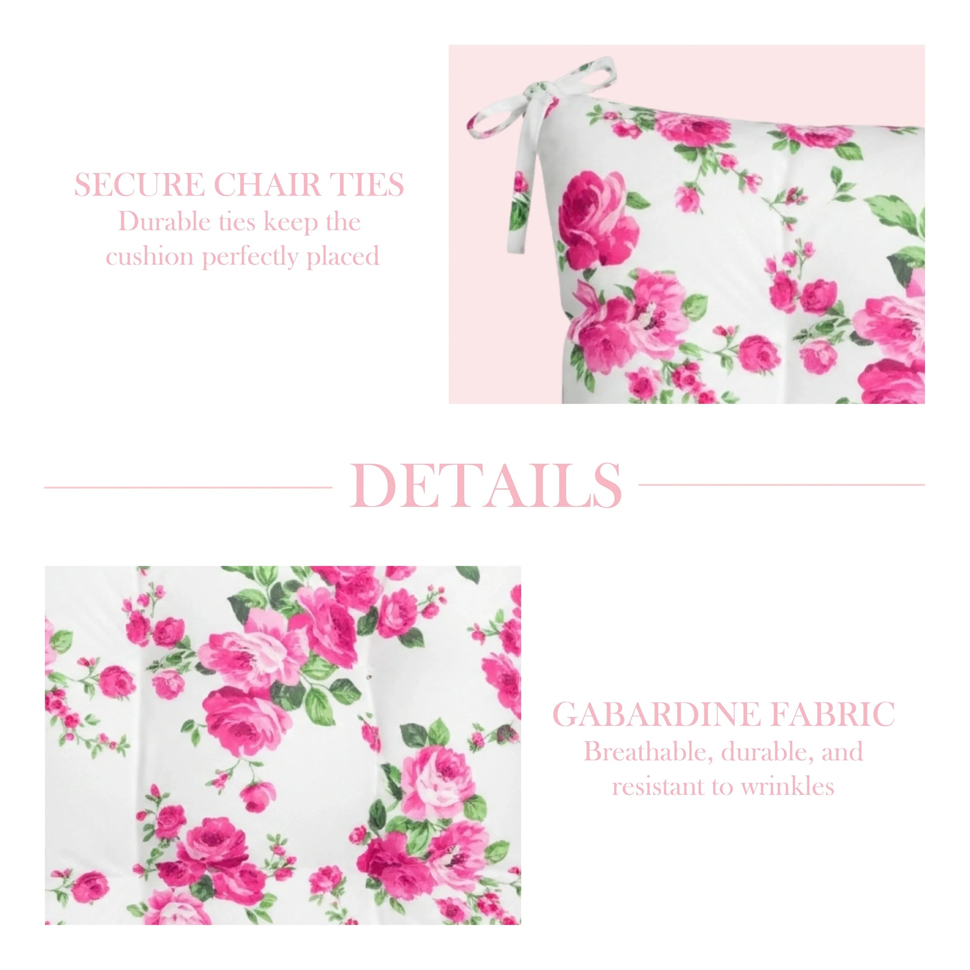 Floral cushion with pink roses on a white background, featuring text about secure chair ties and gabardine fabric.