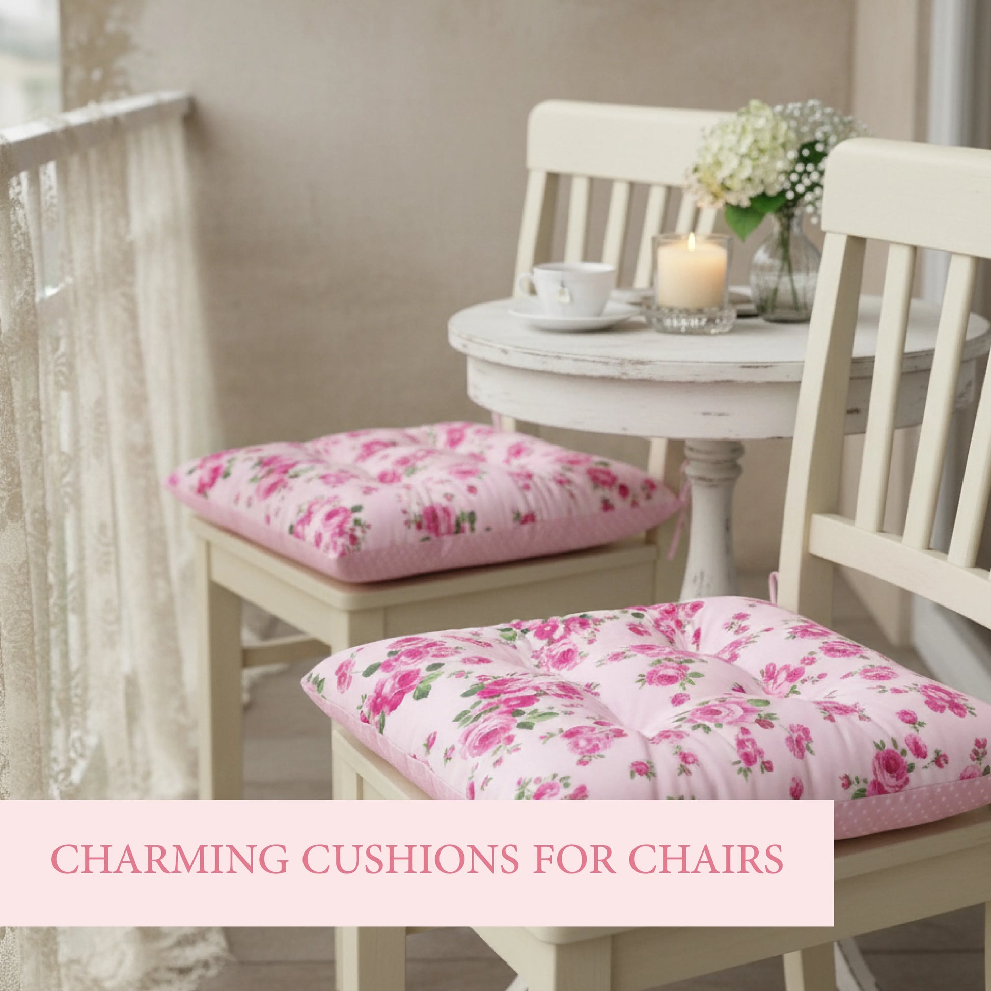 Floral cushions on chairs with a table and decor in the background