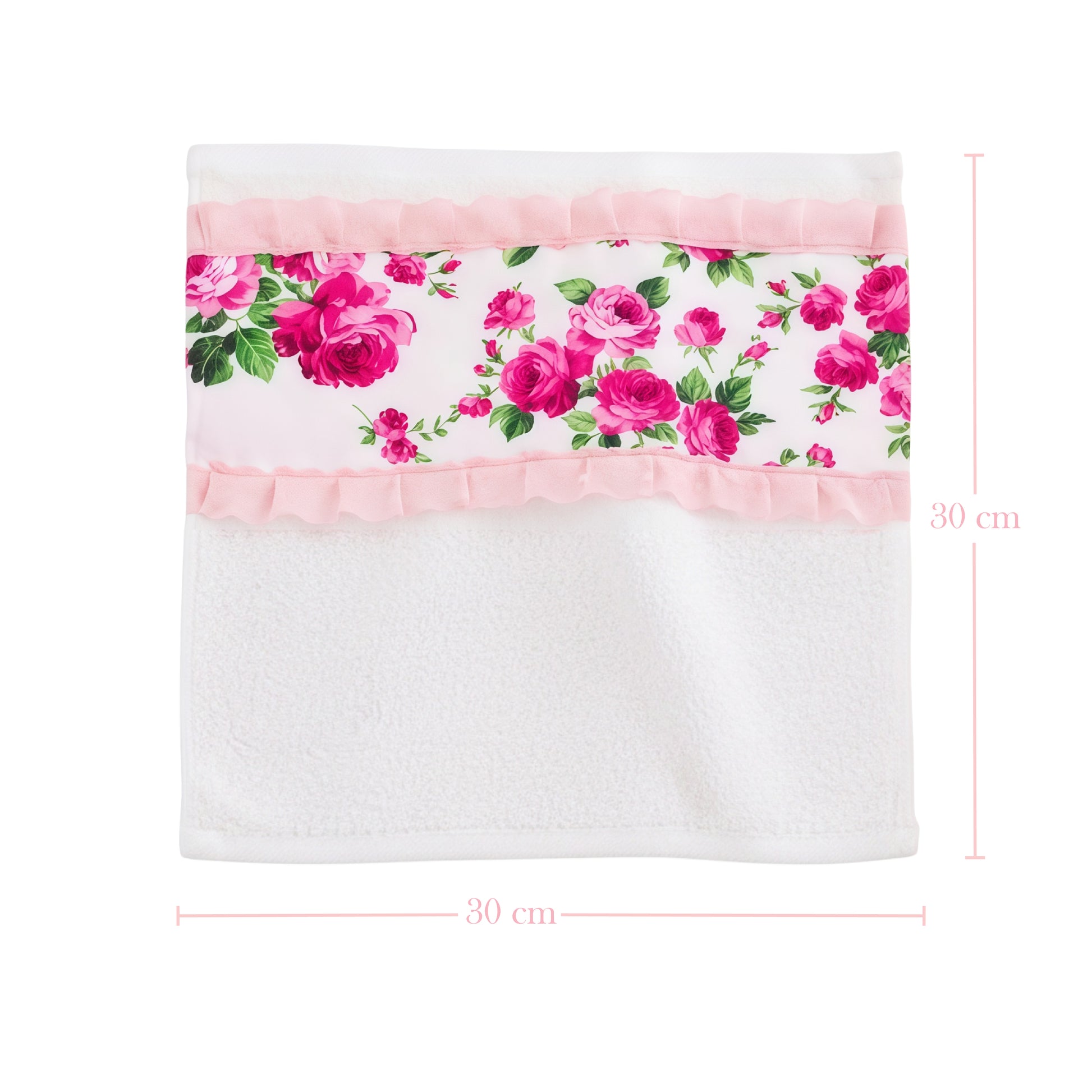 Floral headband towel with pink ribbon and measurements on a white background