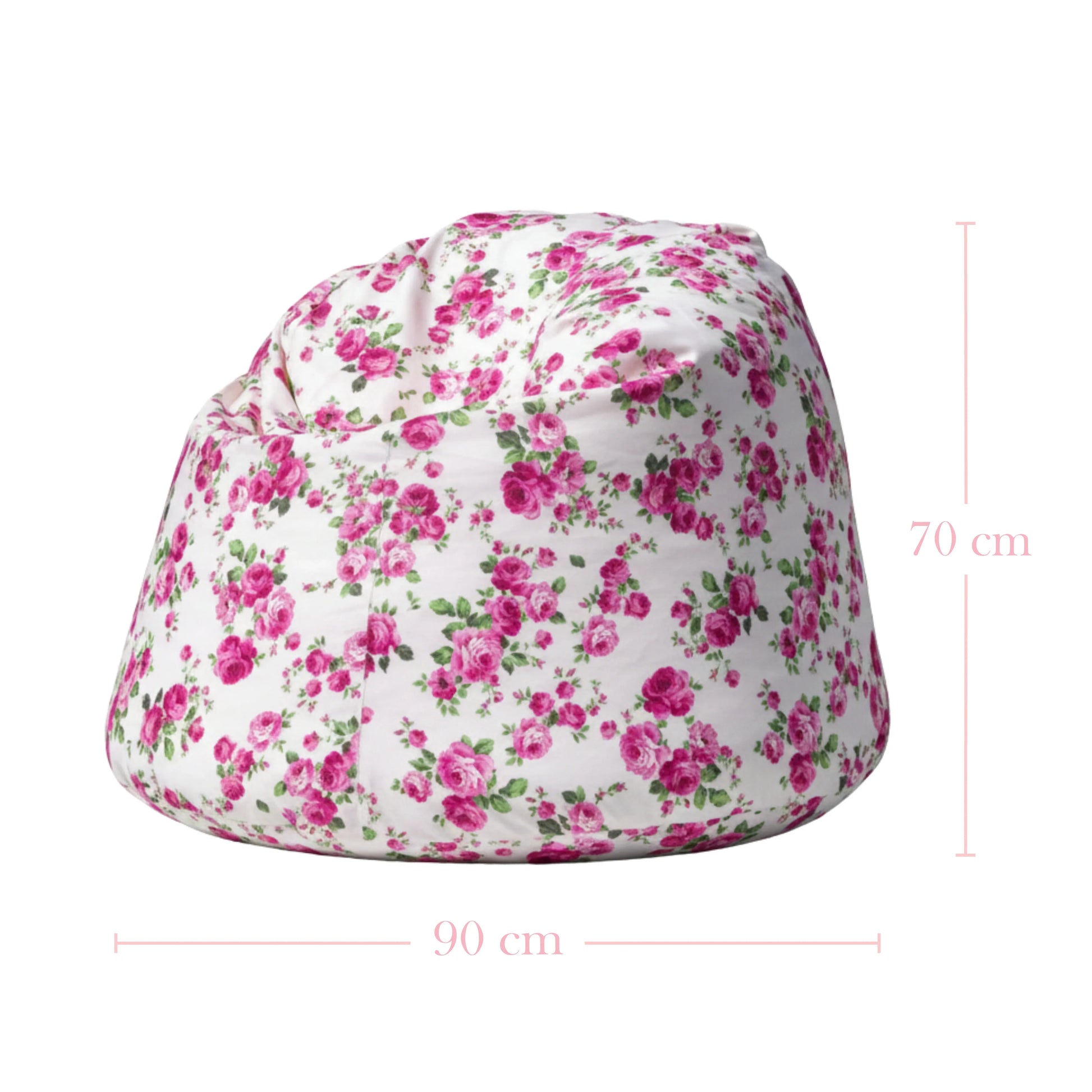 Floral-patterned bean bag chair with dimensions on a white background

