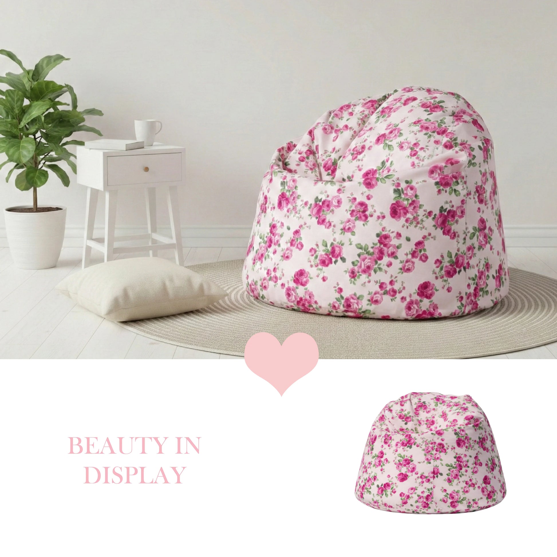Floral-patterned bean bag chair in a room with a plant and small table.

