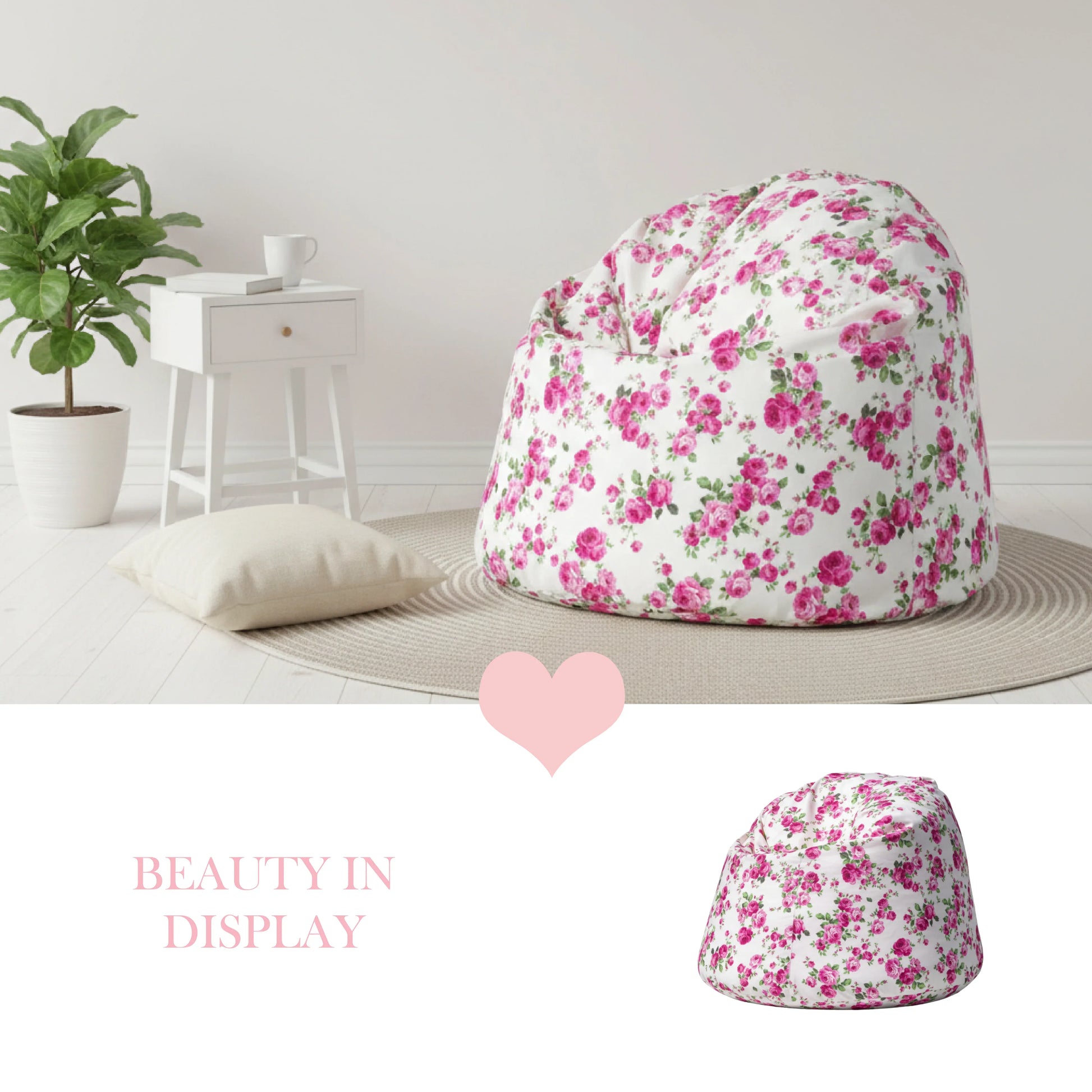 Floral-patterned hat displayed on a white surface with a plant and small table in the background.

