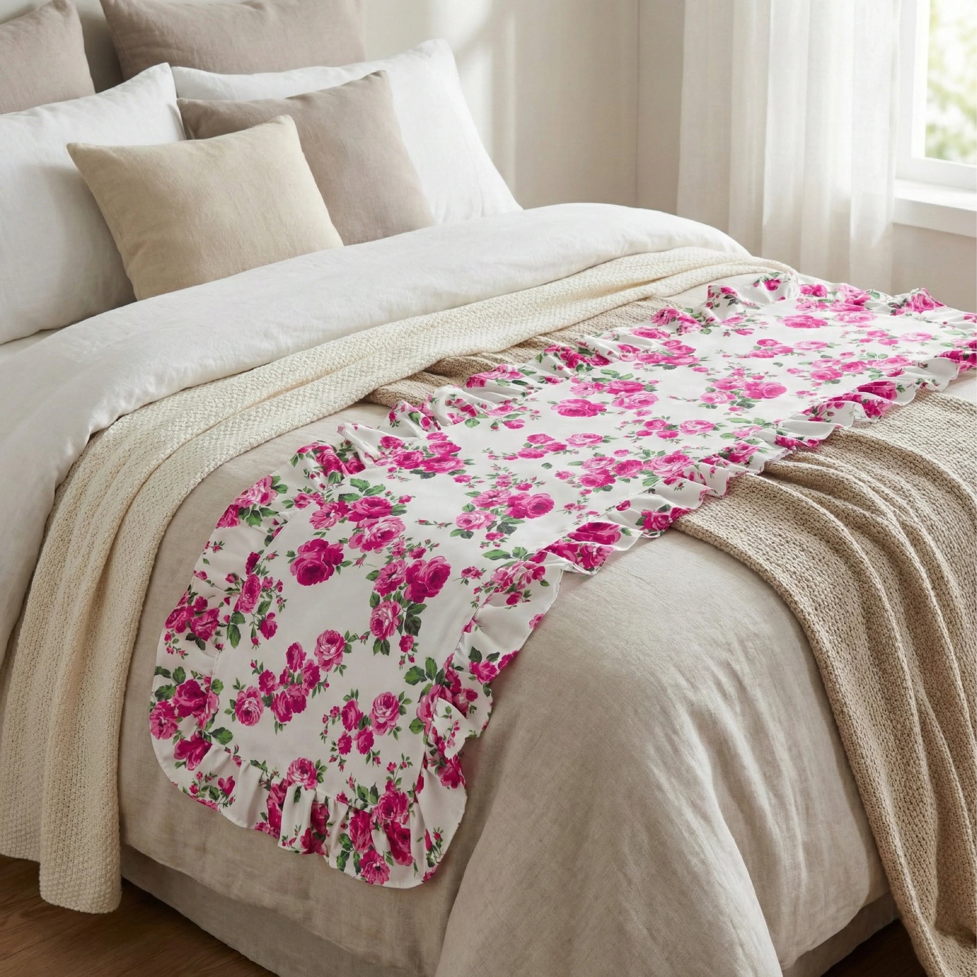 White ruffled bed runner with a pink rose floral pattern draped over neutral-toned pillows and textured blankets.