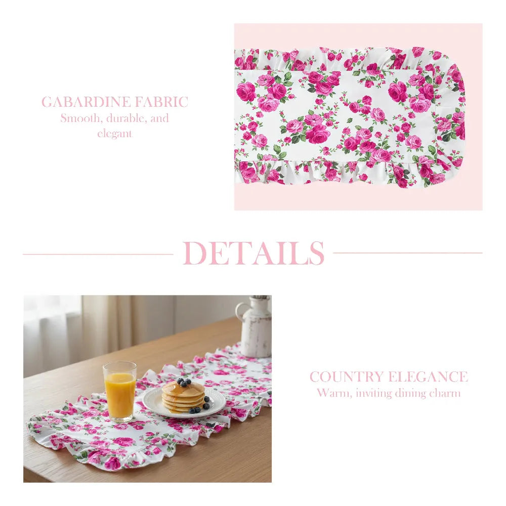 Floral table runner with pink and green flowers on a white background, displayed on a table with food.
