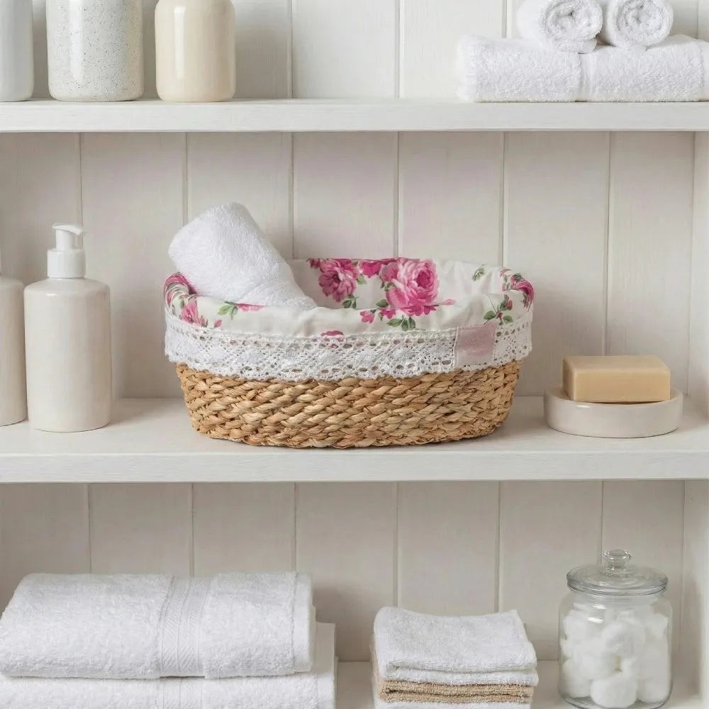 Fleur Halfa Oval Basket with towels and toiletries on bathroom shelves
