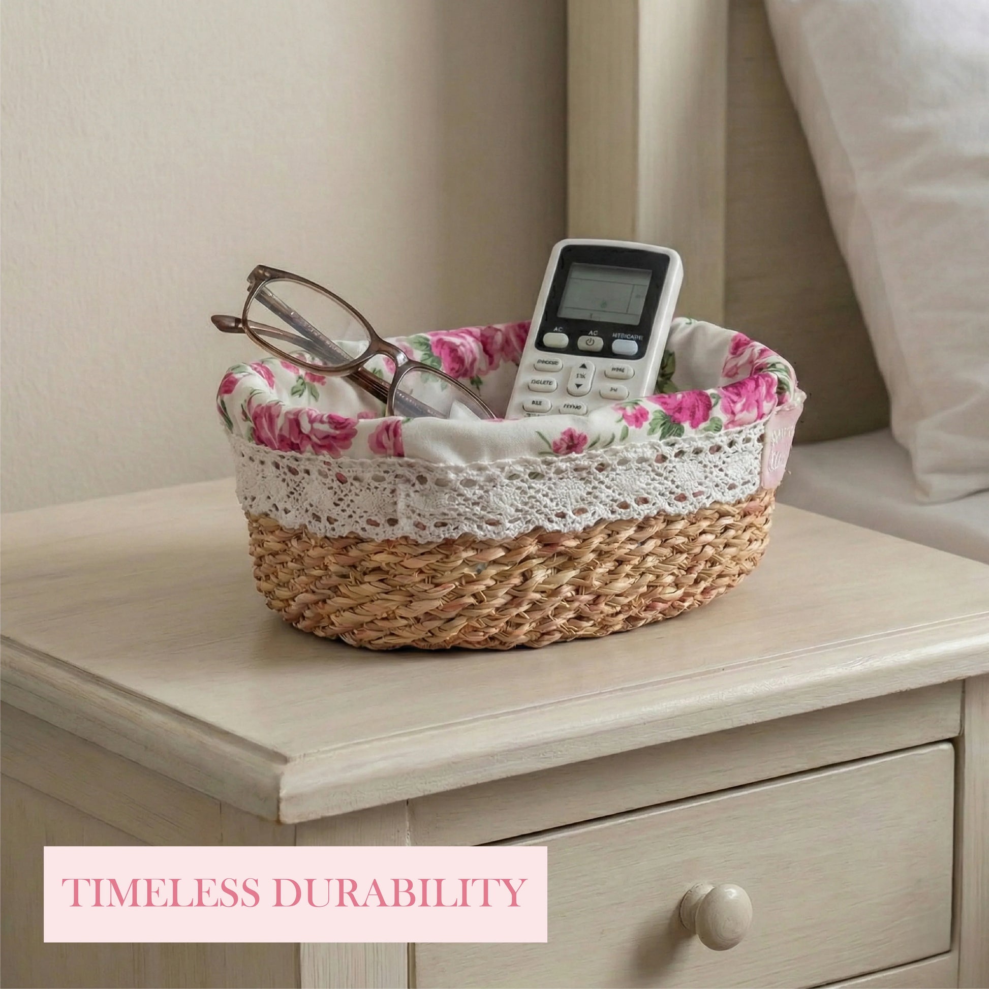 A fleur oval halfa woven basket with a pink rose fabric liner and lace trim, holding eyeglasses and a remote control on a vintage white nightstand.