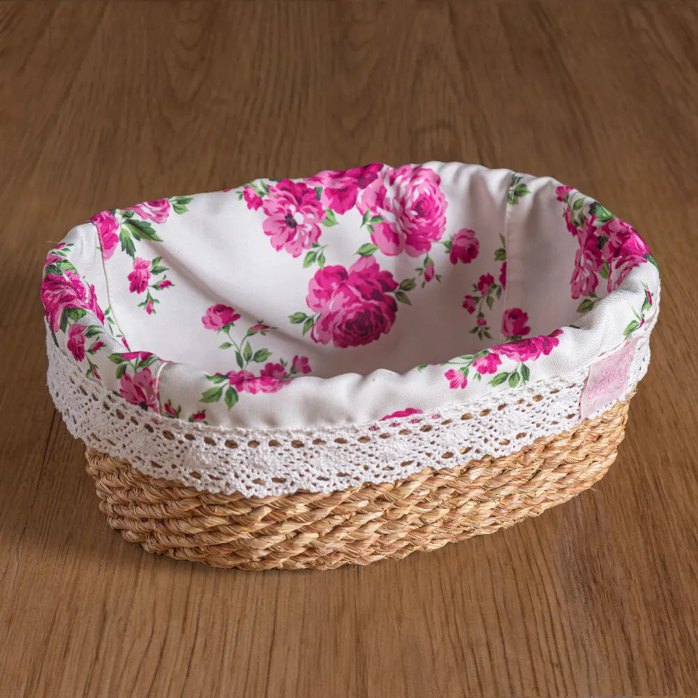 Fleur Halfa Oval Basket with floral fabric lining on wooden surface