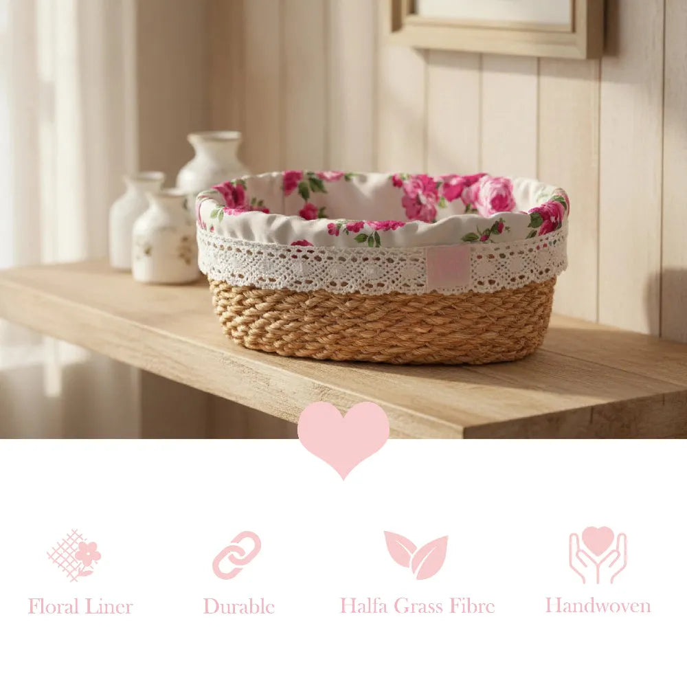 Fleur Halfa Oval Basket with floral liner and material details on wooden surface