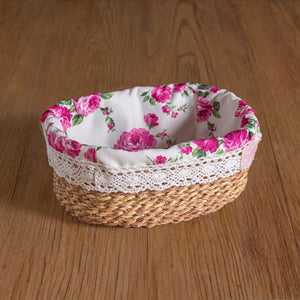 Fleur Halfa Oval Basket with floral fabric lining displayed on a wooden surface Country Charm Egypt