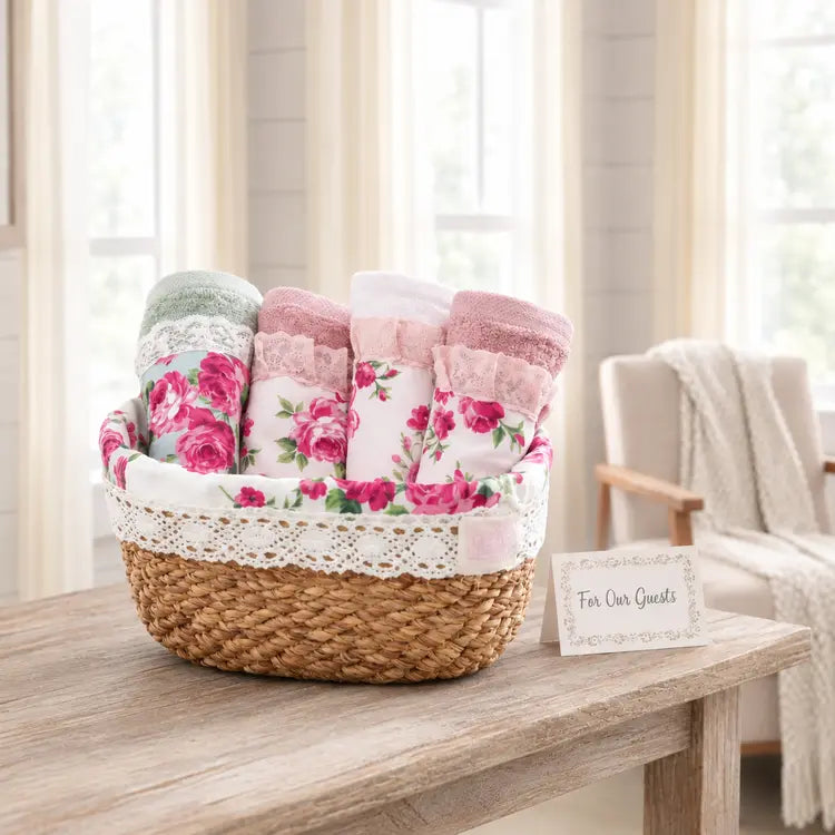 Fleur halfa oval basket of floral towels on a wooden table with a chair and blanket in the background