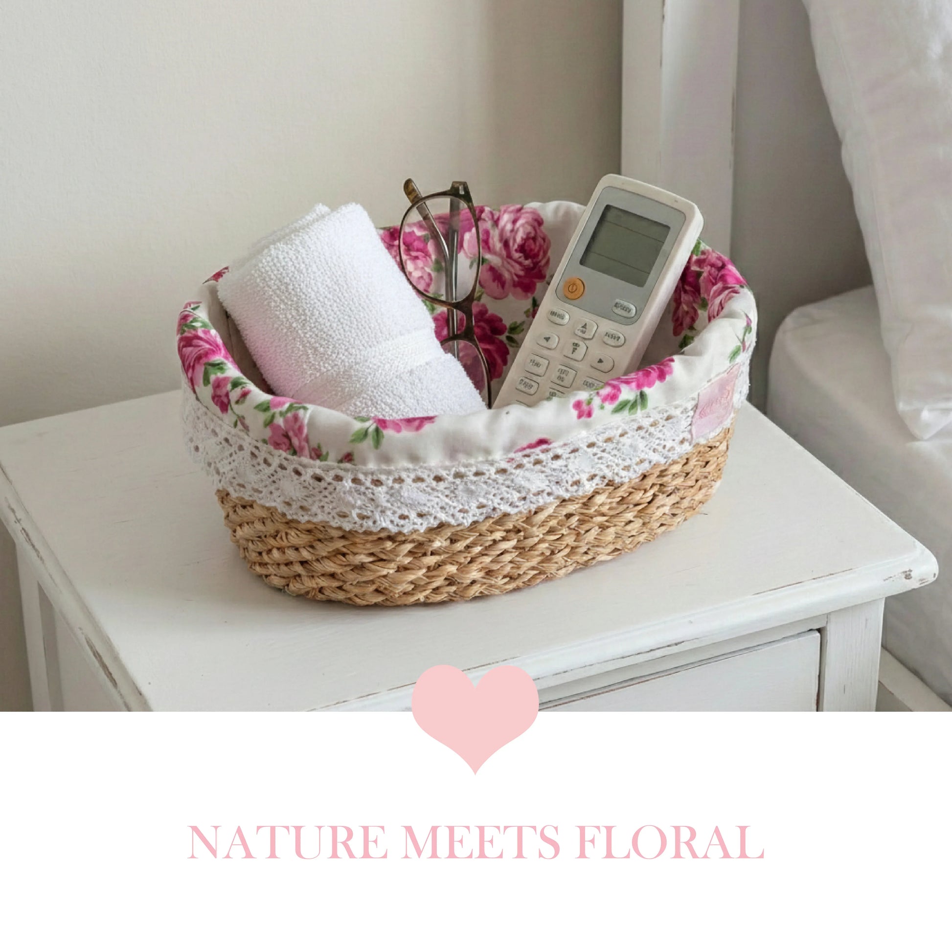 A fleur oval halfa woven basket with a pink rose fabric liner and lace trim, holding a white towel, glasses, and a remote control on a white vintage nightstand.