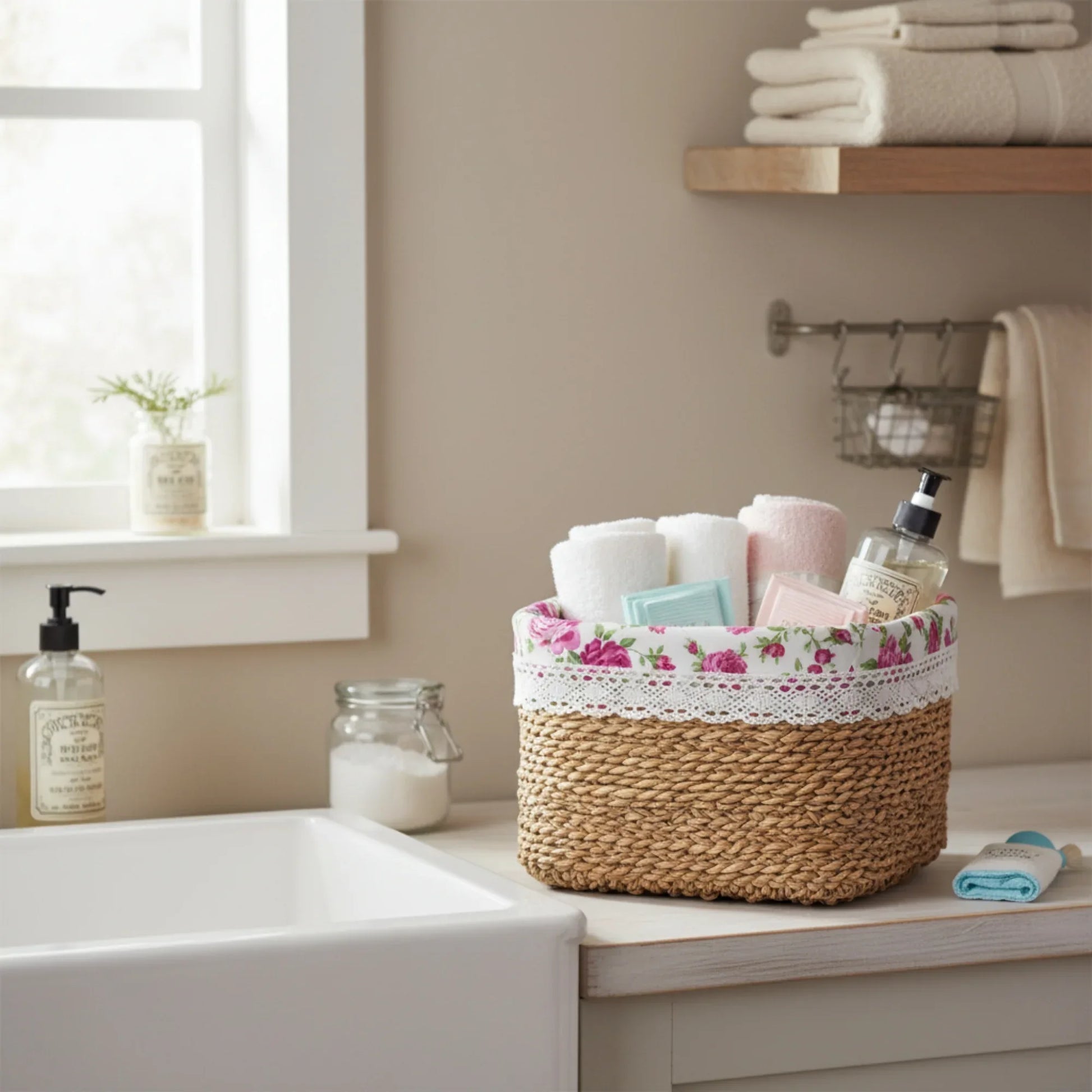Bathroom counter with a floral basket containing toiletries, towels on a shelf, and a window in the background.