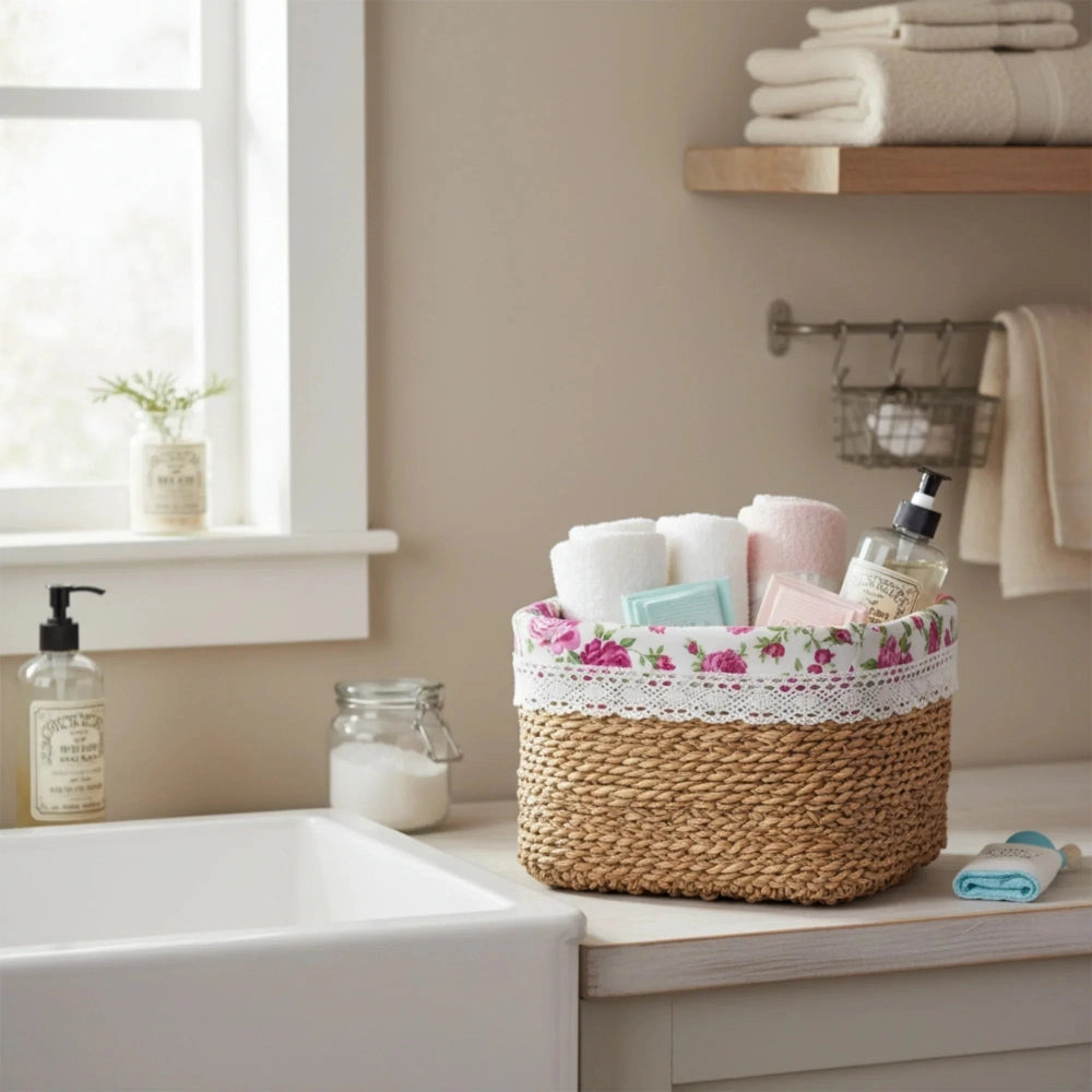 Bathroom counter with a floral basket containing towels and toiletries, window and shelves in the background.