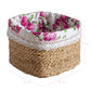 Fleur Halfa Square Basket floral linen and lace trim with dimensions shown on white background for home organization