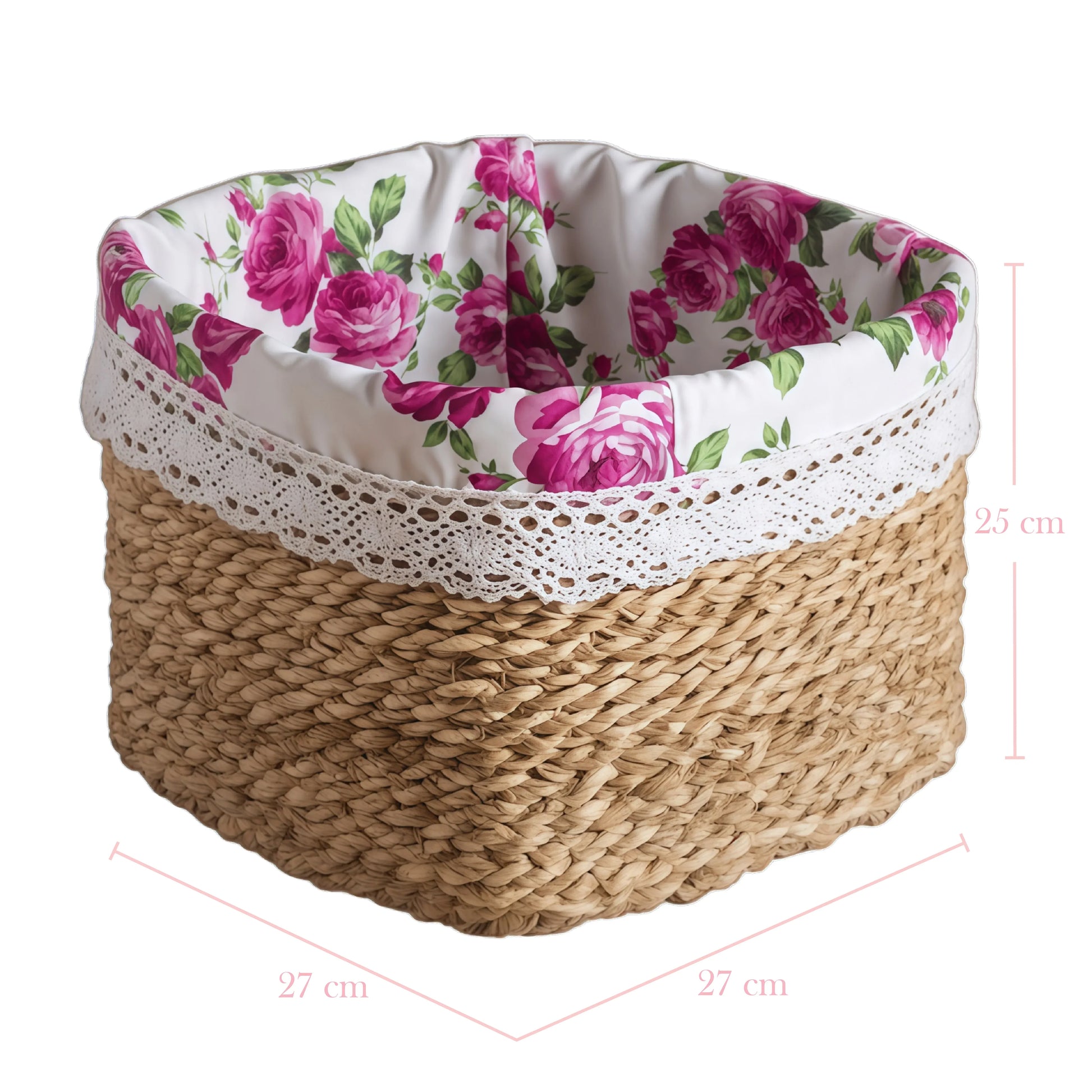 Fleur Halfa Square Basket with pink roses on a white background, featuring dimensions. 