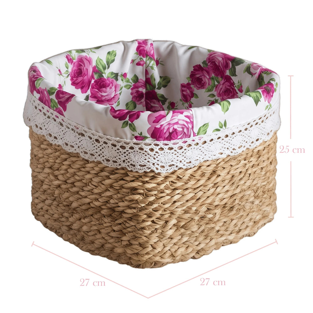 Woven basket with floral lid and lace trim, shown with dimensions on a white background.