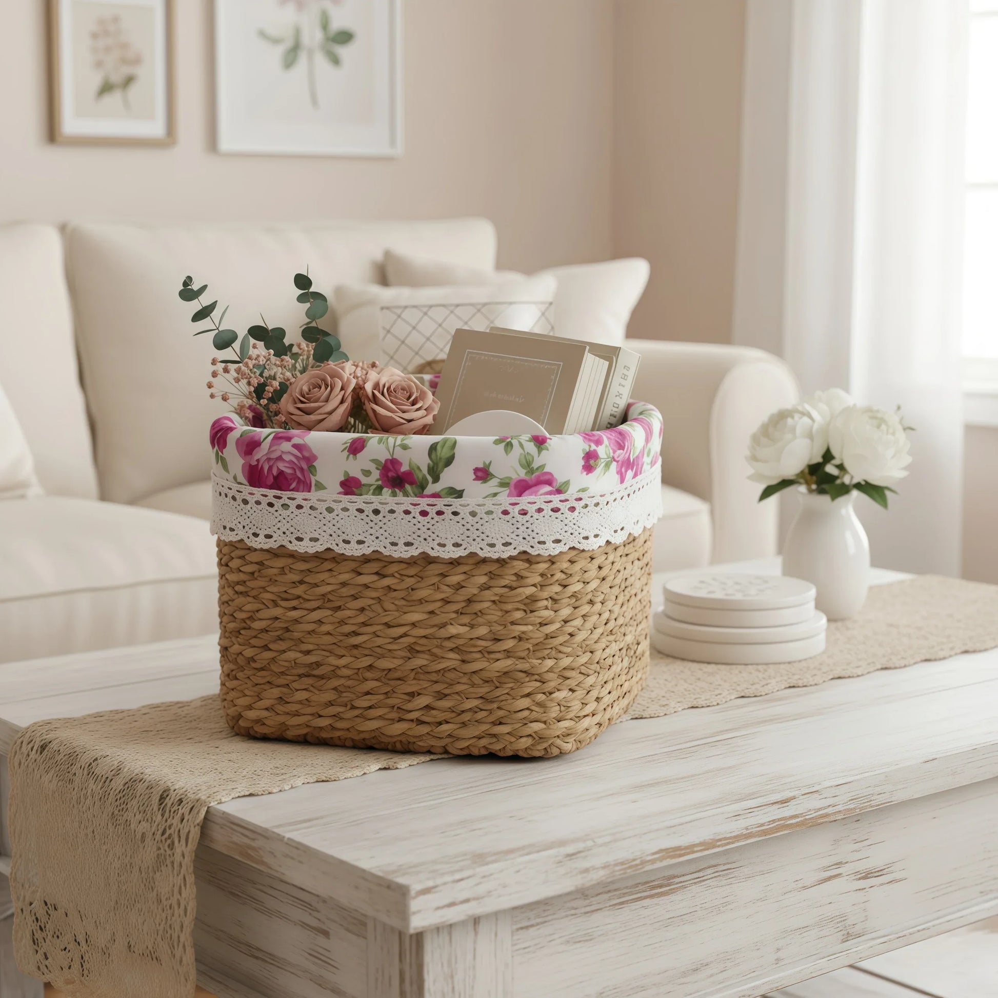 Fleur Halfa Square Basket with pink roses on wooden table with coasters, vase and sofa in the background