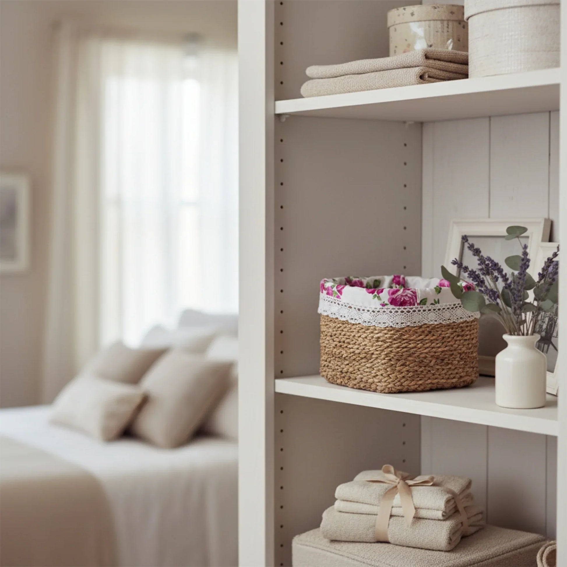 Shelving unit with decorative items in a bedroom setting