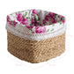 Woven basket with floral fabric liner and measurements on a white background