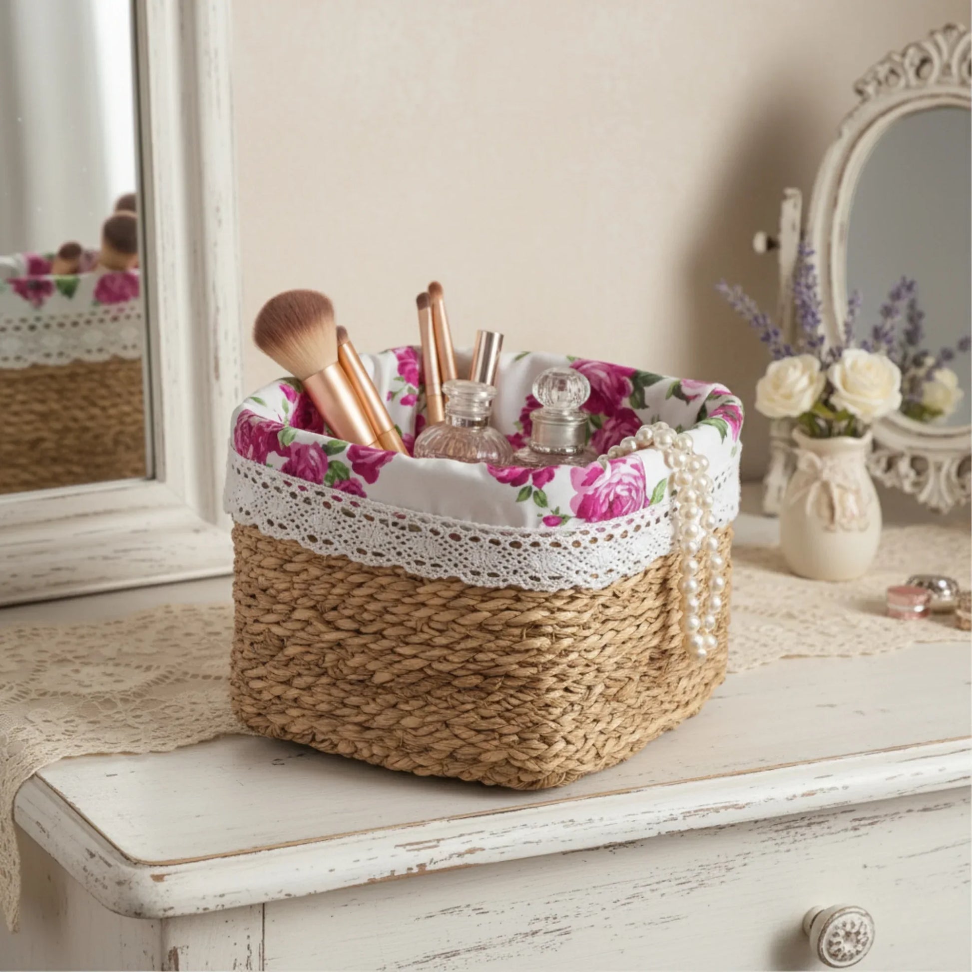 Woven basket with floral lid containing makeup items on a vanity table.