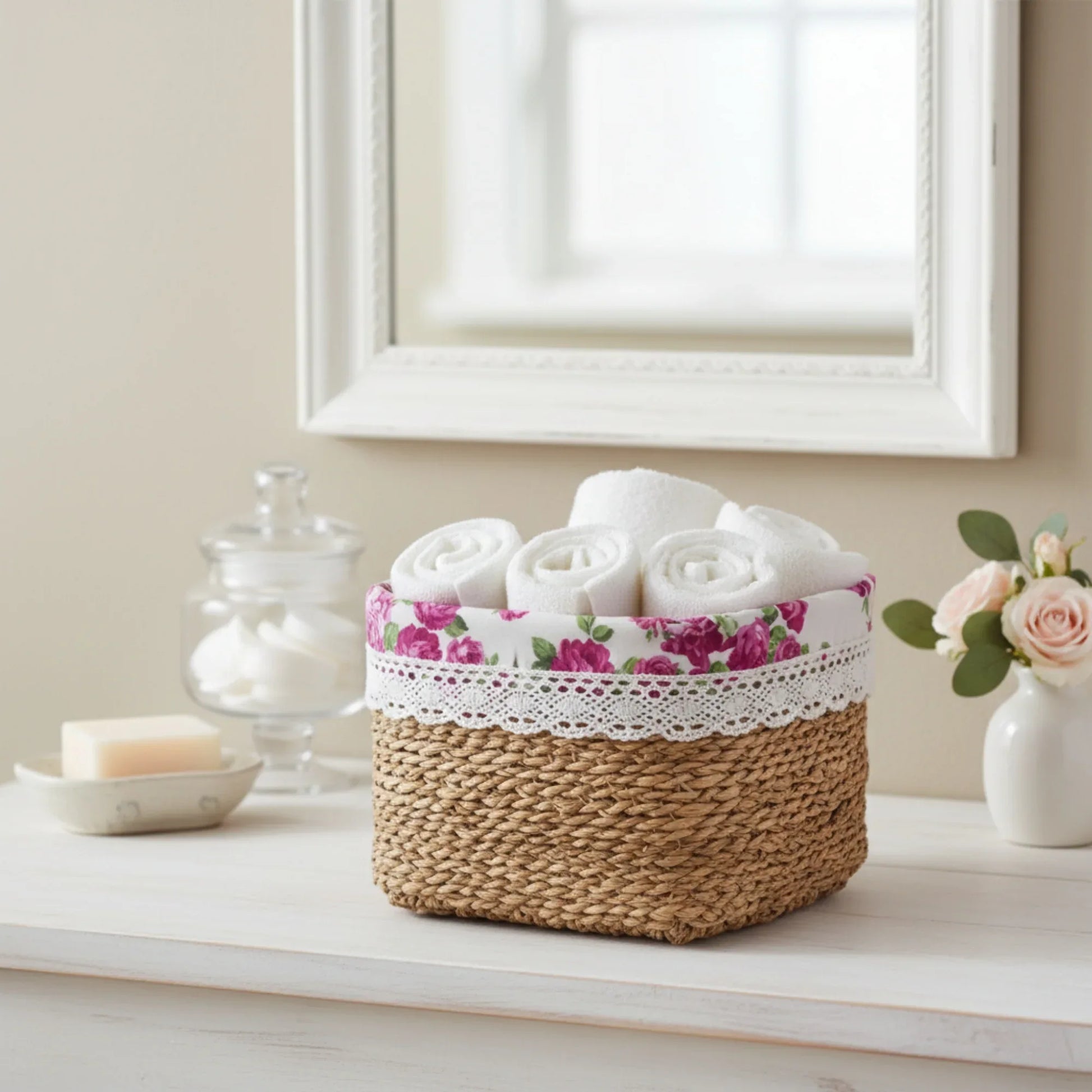 Woven basket with floral lid containing rolled towels on a table with a mirror and vase in the background.