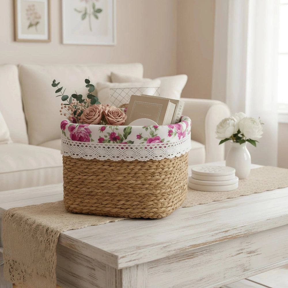 Fleur Halfa Square Basket woven storage with floral pattern placed on coffee table in living room decor setting