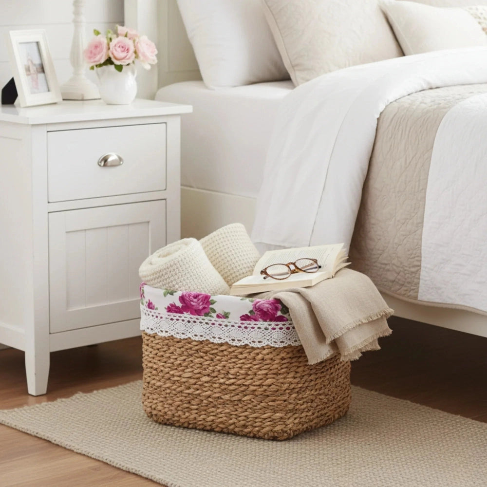 Fleur Halfa Square Basket woven storage basket beside bed in bedroom with decorative items for home decor organization