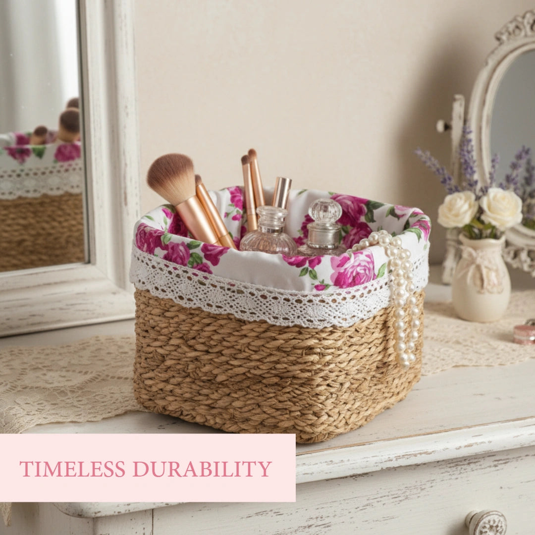 Fleur Halfa Square Basket woven storage basket with floral fabric liner holding makeup items on vanity table