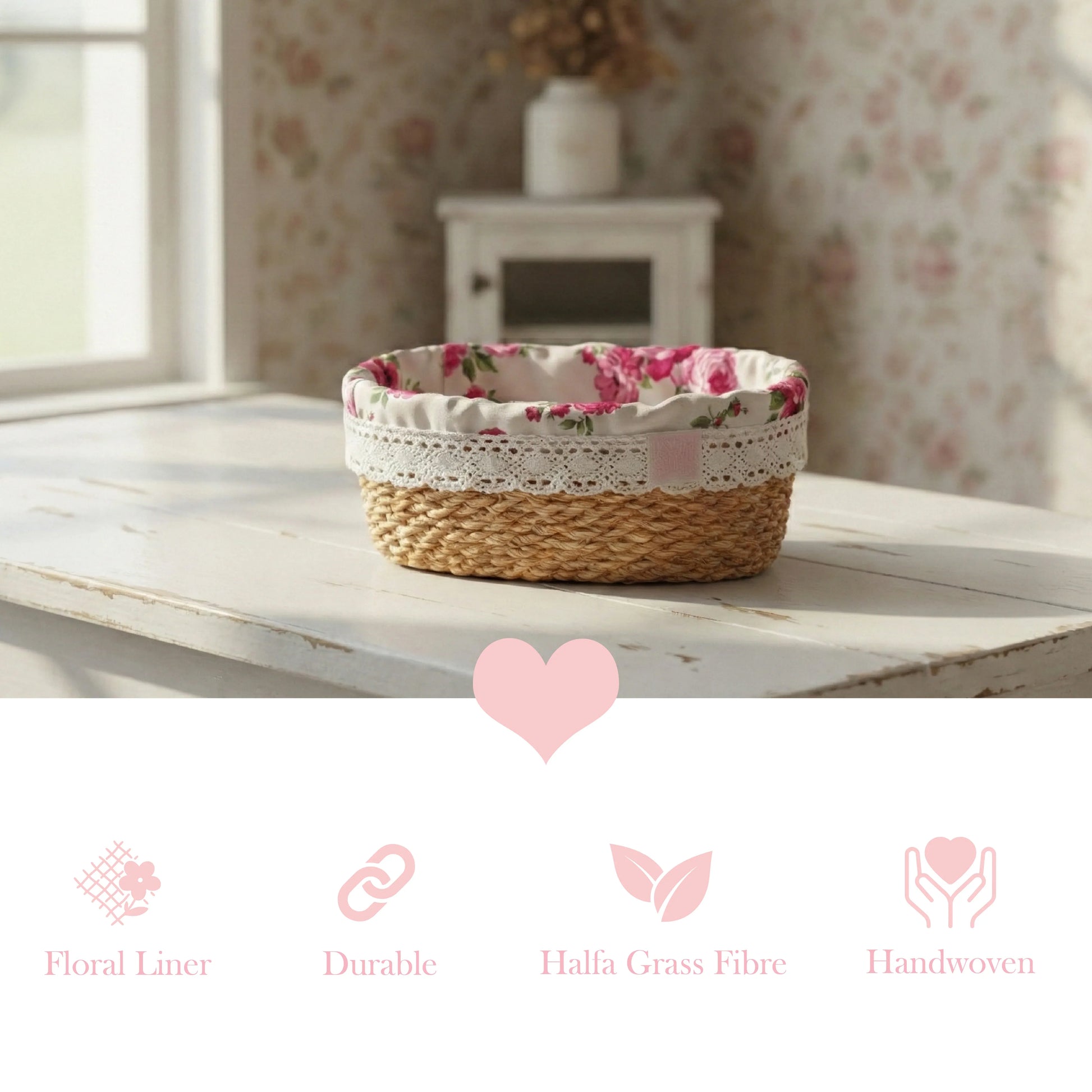 Woven basket with floral liner on a wooden surface, with decorative icons and text below.