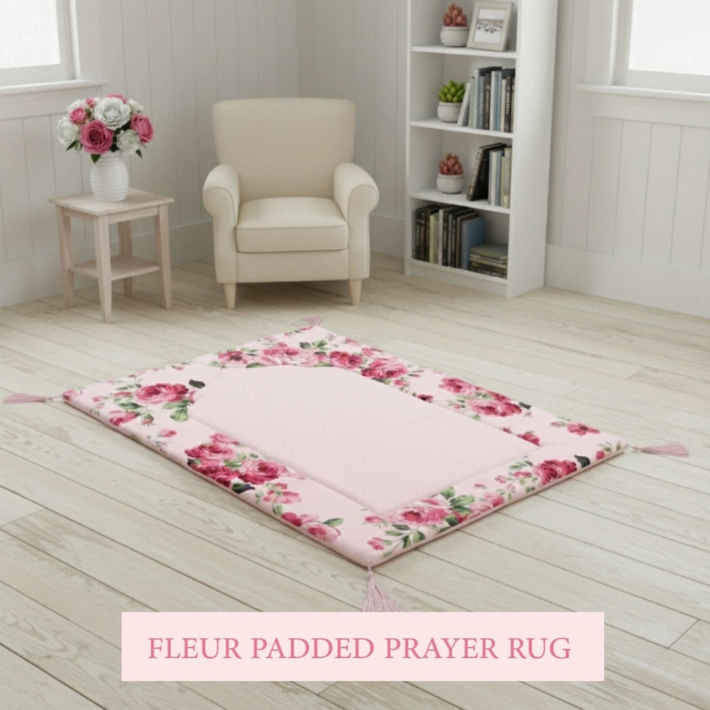 Fleur Haven Padded Prayer Rug floral design placed in room setting with chair and bookshelf décor