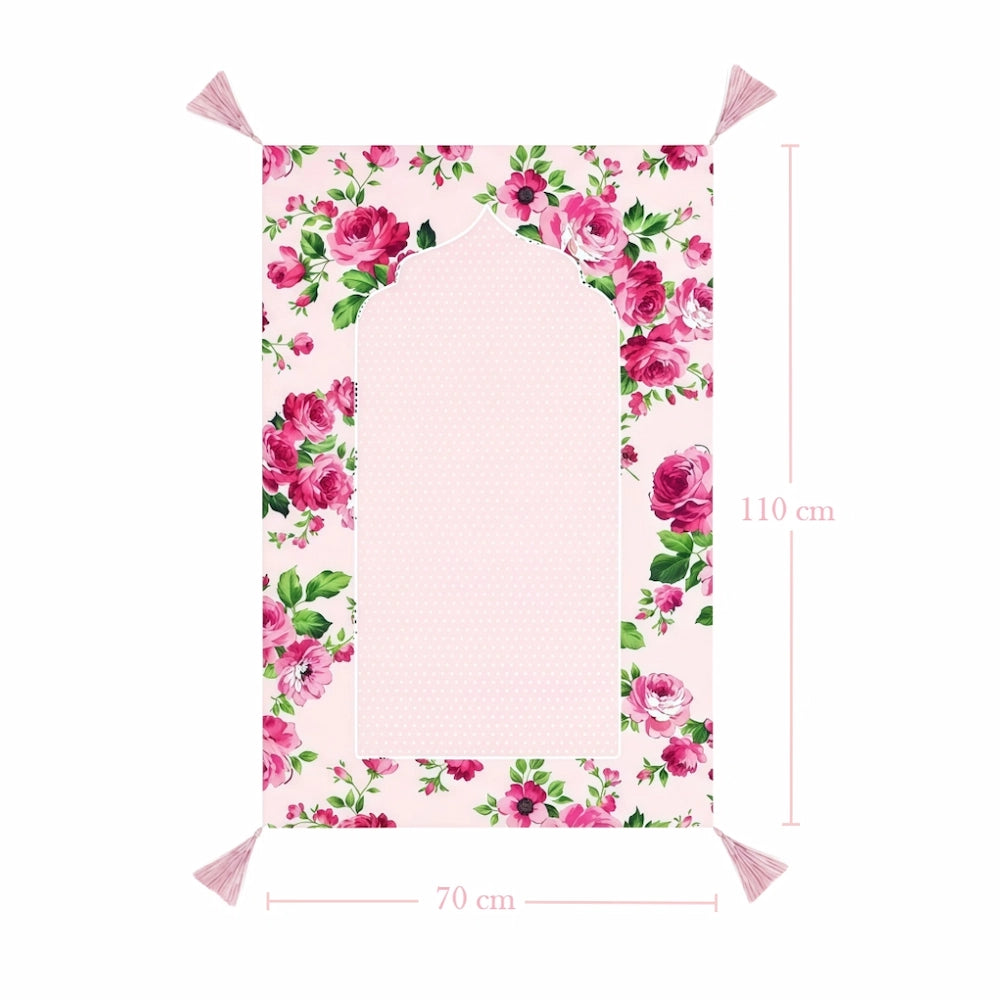 Fleur Haven Padded Prayer Rug floral pink design with measurements shown on white background for Islamic home use