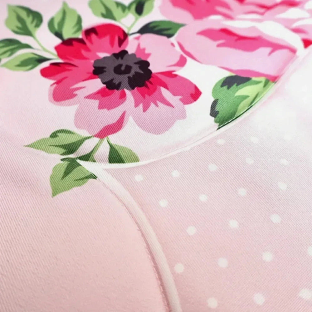 Fleur Haven Padded Prayer Rug pink floral design with polka dot center detail close-up view