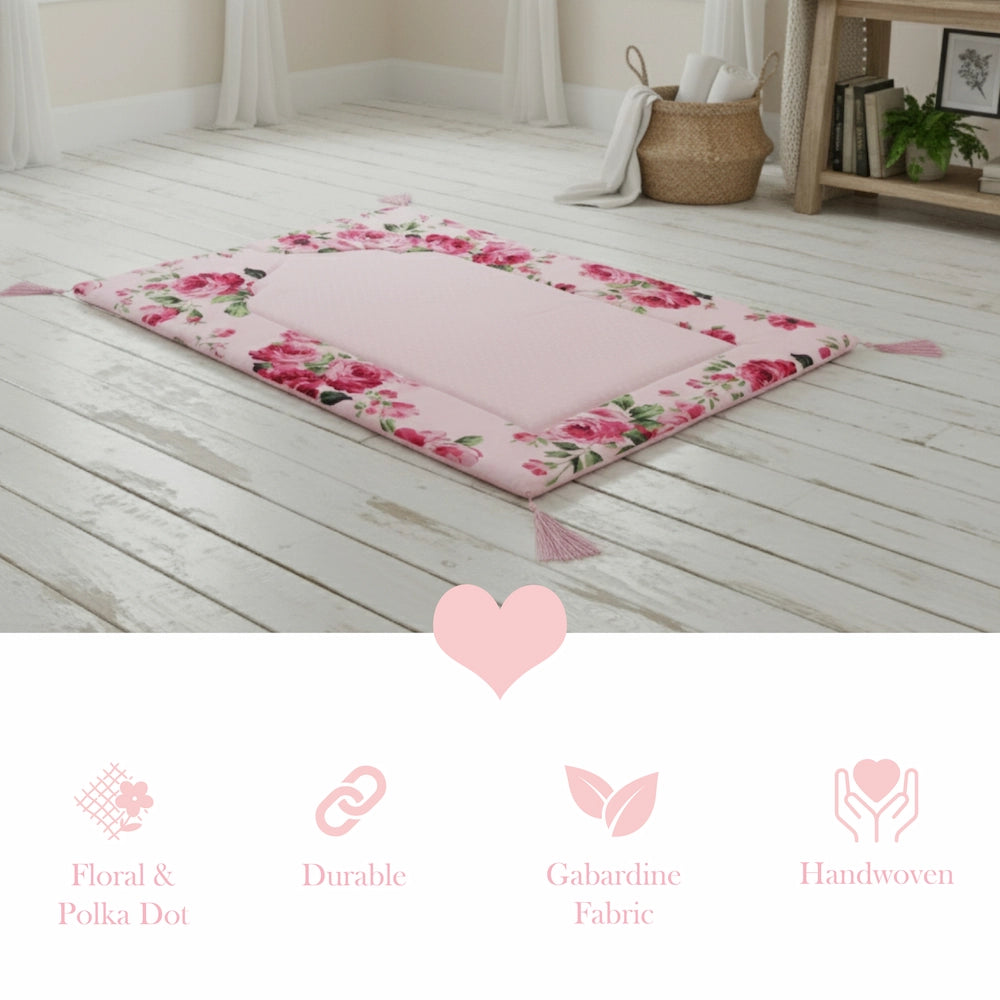 Fleur Haven Padded Prayer Rug displayed with product features shown below on wooden floor