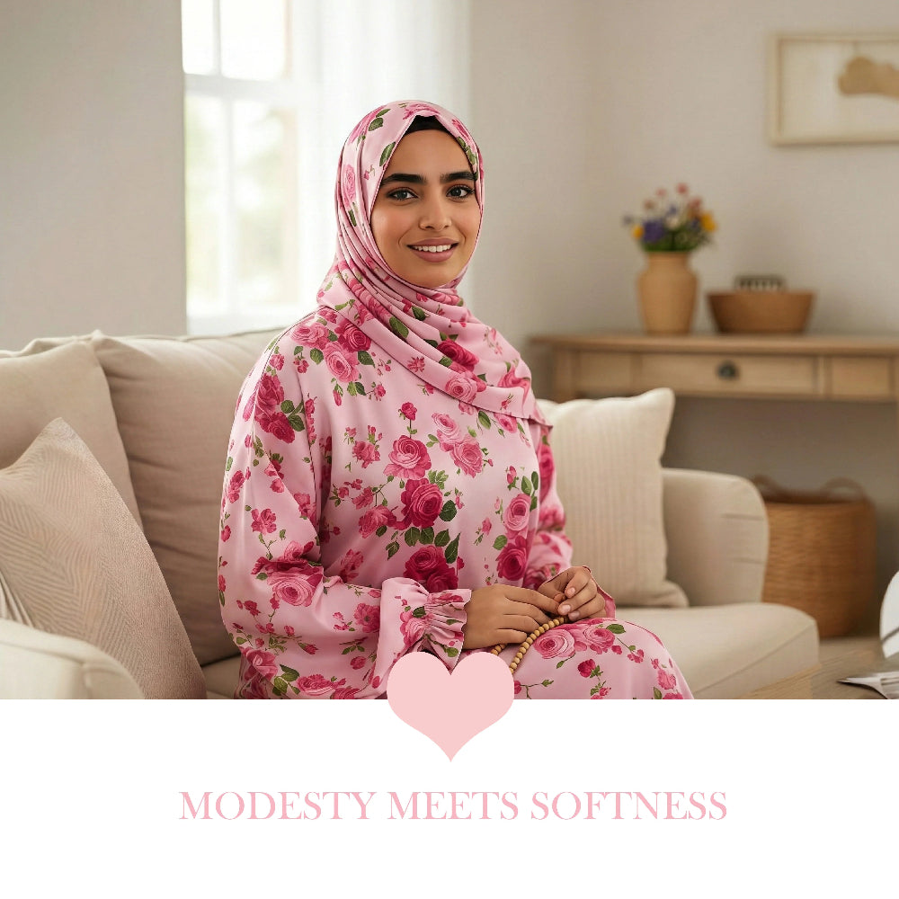 Lifestyle image of a woman sitting on a cream sofa wearing the Fleur Isdal prayer dress, featuring a pink rose pattern and pink text overlay that reads "MODESTY MEETS SOFTNESS."