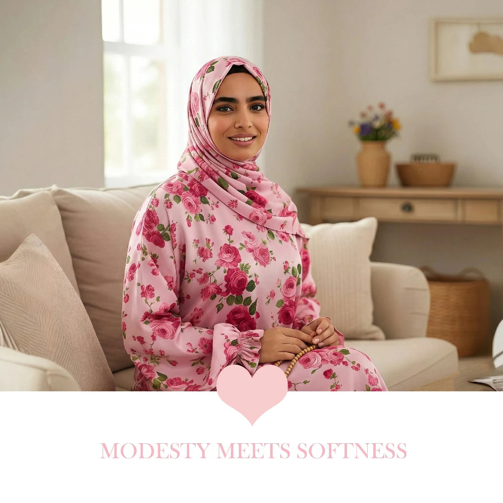 Woman wearing a pink floral hijab and Isdal Prayer dress sitting on a couch with 'Modesty Meets Softness' text.