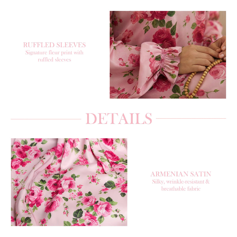 A product detail graphic for the Fleur prayer dress showcasing a close-up of the ruffled sleeves and the soft drape of the Armenian satin fabric with a pink rose pattern.