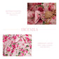 A product detail graphic for the Fleur prayer dress showcasing a close-up of the ruffled sleeves and the soft drape of the Armenian satin fabric with a pink rose pattern.