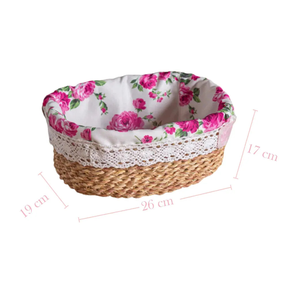 Wicker pet bed with floral fabric liner and lace trim, shown with dimensions on a white background.
